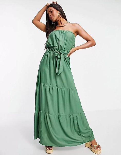 ASOS DESIGN ‑ Gestuftes, langes Bandeau-Strandkleid in Khaki-Grün günstig online kaufen