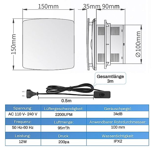 XERSEK Wandventilator Leiser Badlüfter Ø100mm Abluftventilator Mit Rückflus günstig online kaufen