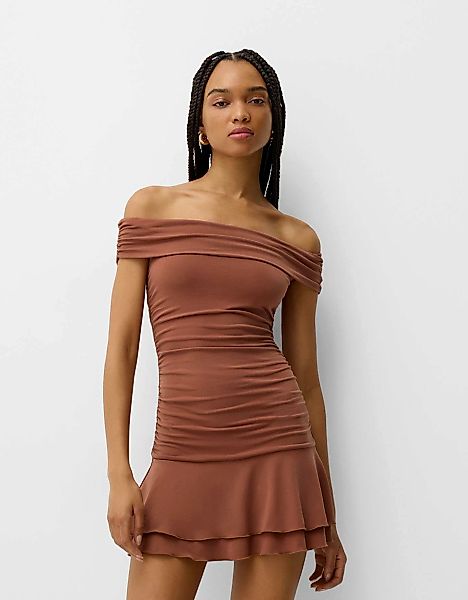 Bershka Minikleid Mit Carmen-Ausschnitt Und Volants Damen S Braun günstig online kaufen