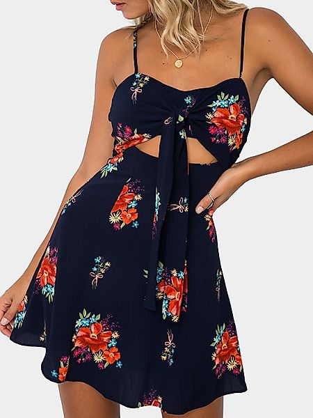 Navy Selbstbinder Zufälliger Blumendruck Mini Kleid günstig online kaufen