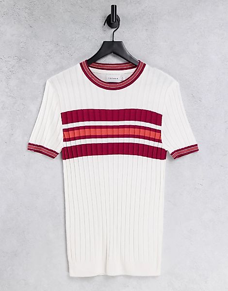 Topman – Geripptes Strick-T-Shirt in Weiß mit Blockfarbendesign günstig online kaufen