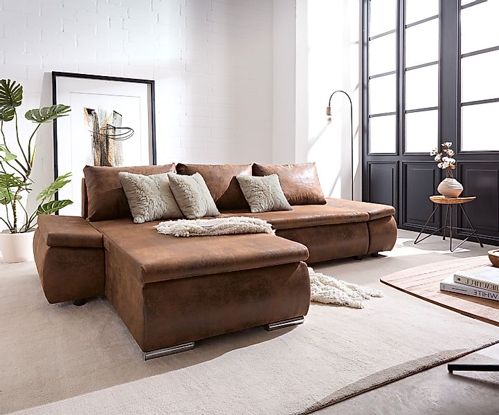 Ecksofa Abilene 260x175 cm Braun Ottomane variabel mit Schlaffunktion günstig online kaufen