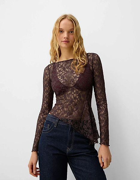 Bershka Langarmshirt Mit Spitzenkante Damen Xs Violett günstig online kaufen