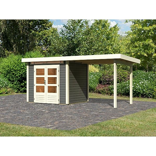 Karibu Gartenhaus Set Kumla 2 Terragrau mit Anbaudach 235 cm Breit 4,5 m² günstig online kaufen