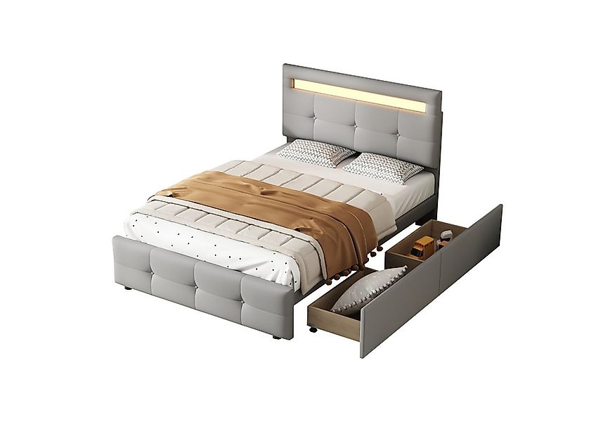 Flieks Polsterbett, LED Beleuchtung Einzelbett 2 Schubladen Leinen 90*200cm günstig online kaufen