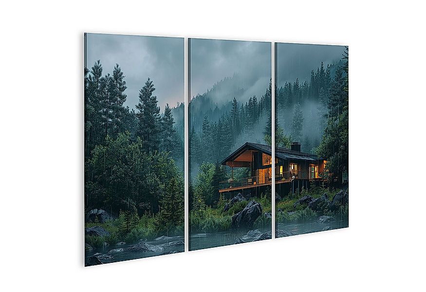 islandburner Leinwandbild, Modernes Haus im regnerischen Wald günstig online kaufen
