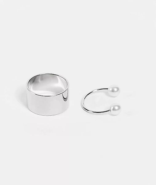 DesignB – Silberfarbene Ringe im Band- und Kunstperlendesign im 2er-Pack günstig online kaufen