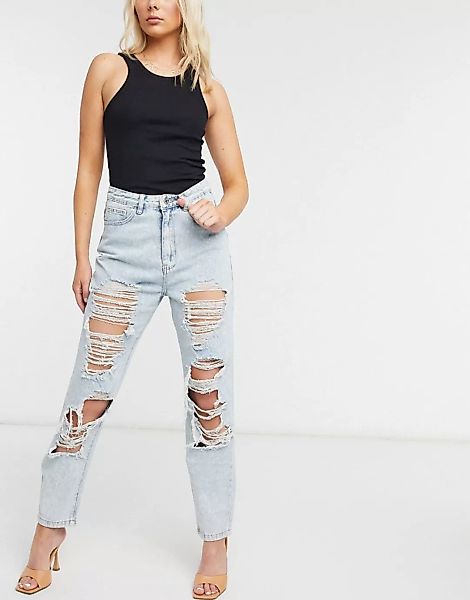 Missguided – Blaue Mom-Jeans im Used-Look günstig online kaufen