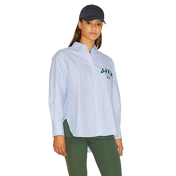 JJXX – Oversize-Bluse aus Bio-Baumwollmix in Blau gestreift mit Logo-Mehrfa günstig online kaufen