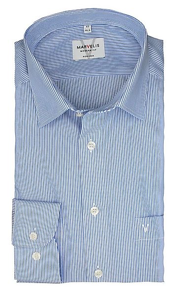 MARVELIS Businesshemd Blau Weiß gestreift, Modern Fit, Bügelfrei, 100% Baum günstig online kaufen