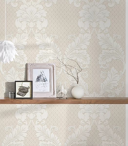 Bricoflor Ornament Tapete in Taupe Grau Elegante Vliestapete mit Flock Must günstig online kaufen