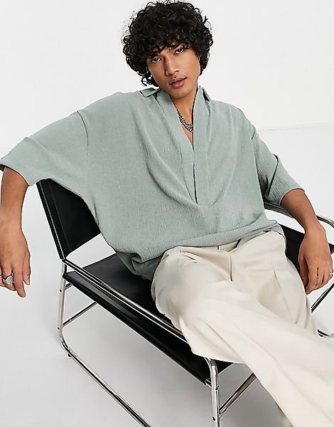 ASOS DESIGN – Oversize-Polohemd in Khaki mit Knitteroptik-Grün günstig online kaufen