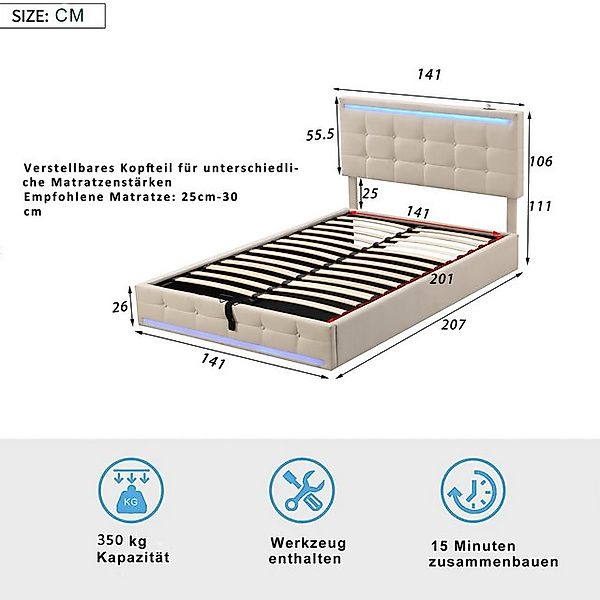 STILVORA Polsterbett 140×200 Funktionsbett mit LED,USB und Stauraum,bett oh günstig online kaufen