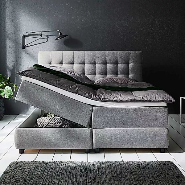 Doppel Bett mit Box Matratze und Bettkasten Grau Stoff günstig online kaufen