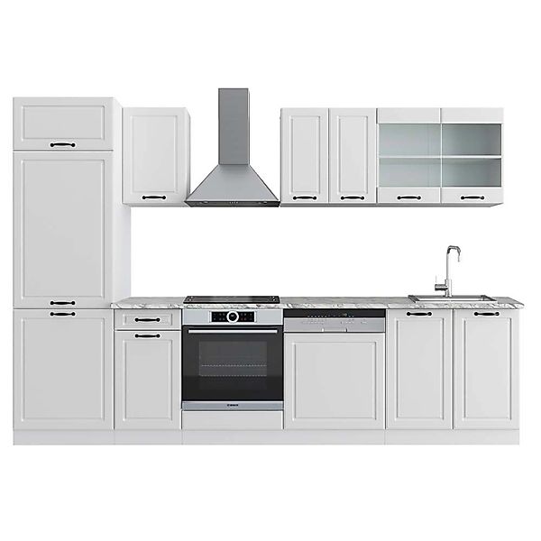 Vicco R-Line Küchenzeile Weiß Landhaus/Weiß 300 cm AP Marmor günstig online kaufen