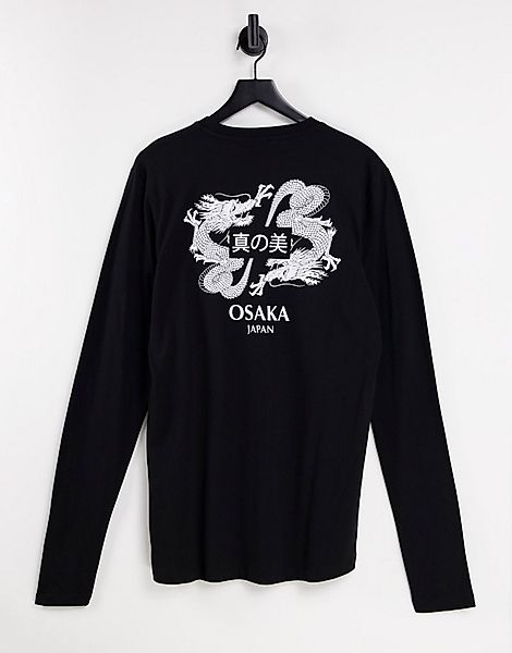 ASOS DESIGN – Langärmliges Shirt in Schwarz mit Drachenmotiv hinten-Weiß günstig online kaufen
