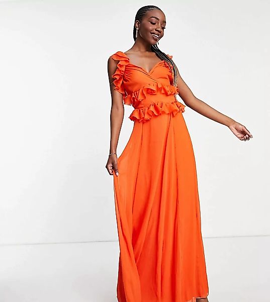 ASOS DESIGN Tall – Gestuftes Maxikleid in Orange mit Schnürung hinten und R günstig online kaufen