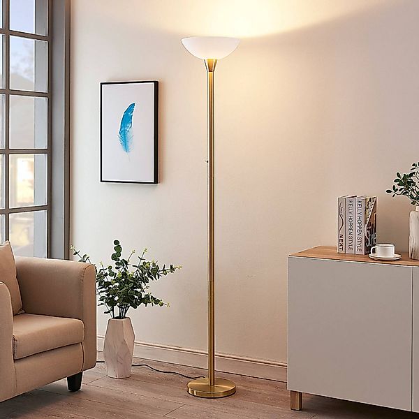 Lindby Stehlampe Ignacia, messingfarben, Glas, 180 cm, E27 günstig online kaufen