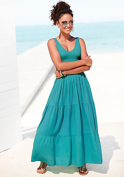 Beachtime Maxikleid aus gewebter Baumwolle, Sommerkleid mit gestuftem Rock günstig online kaufen