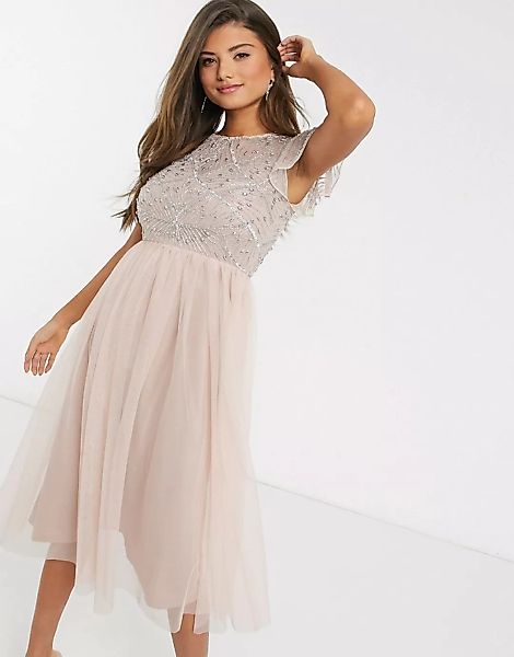 Frock & Frill – Verziertes Kleid in Rosa mit Rüschenärmeln günstig online kaufen