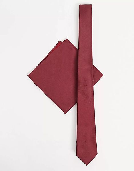 ASOS DESIGN – Schmale Krawatte aus Satin und Einstecktuch in Burgunderrot günstig online kaufen