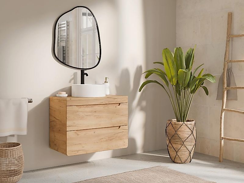 Waschbeckenunterschrank hängend mit rundem Aufsatzwaschbecken - Holzfarben günstig online kaufen