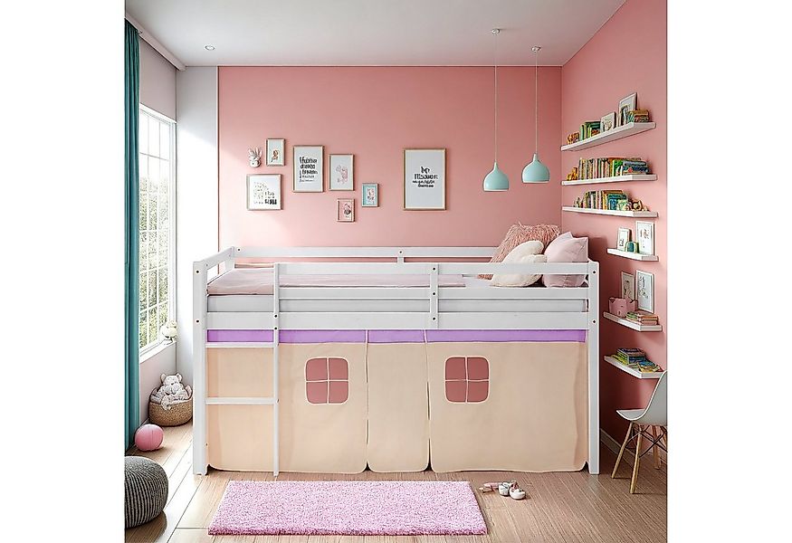 Homestyle4u Hochbett 90x200 Vorhang Stockbett Kinderbett Holz Kiefer Weiß G günstig online kaufen