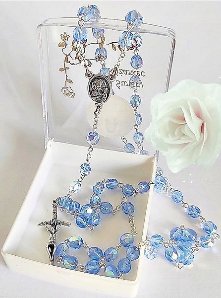 Festivalartikel Schmuckset Rosenkranz Kommunion Blau Kristall Medaille Kreu günstig online kaufen