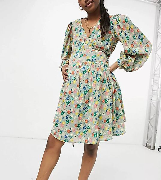 ASOS DESIGN Maternity – Langärmliges Mini-Skater-Kleid in Grün mit Blumenmu günstig online kaufen