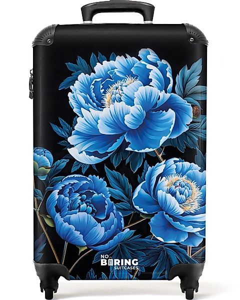 NoBoringSuitcases.com© Hartschalen-Trolley Schwarz mit blauen Pfingstrosen günstig online kaufen