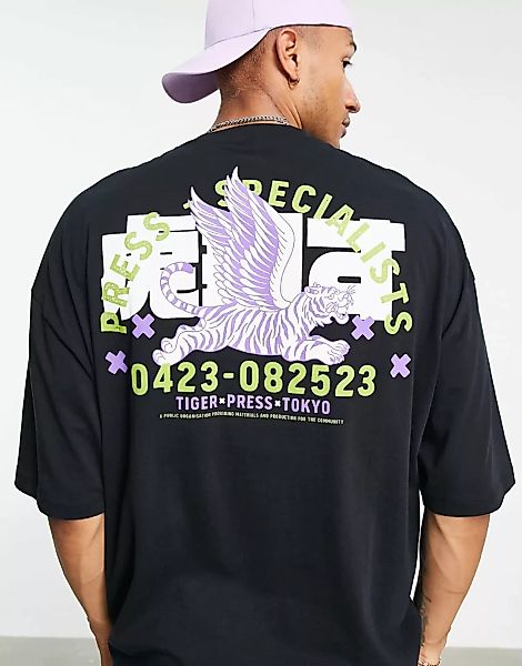 ASOS DESIGN – Oversize-T-Shirt in Schwarz mit Tiger-Print auf dem Rücken günstig online kaufen