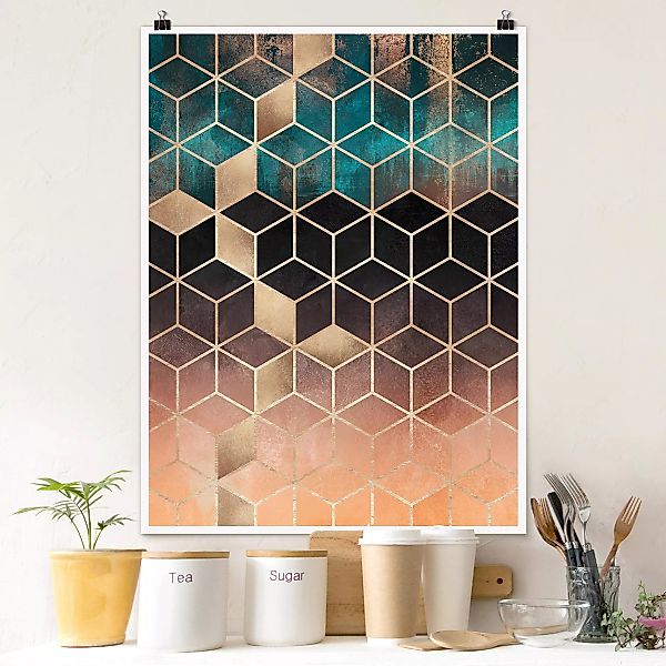 Poster Kunstdruck - Hochformat Türkis Rosé goldene Geometrie günstig online kaufen