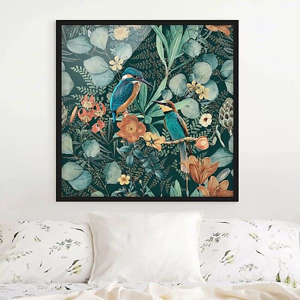 Bild mit Rahmen Blumenparadies Eisvogel und Kolibri günstig online kaufen