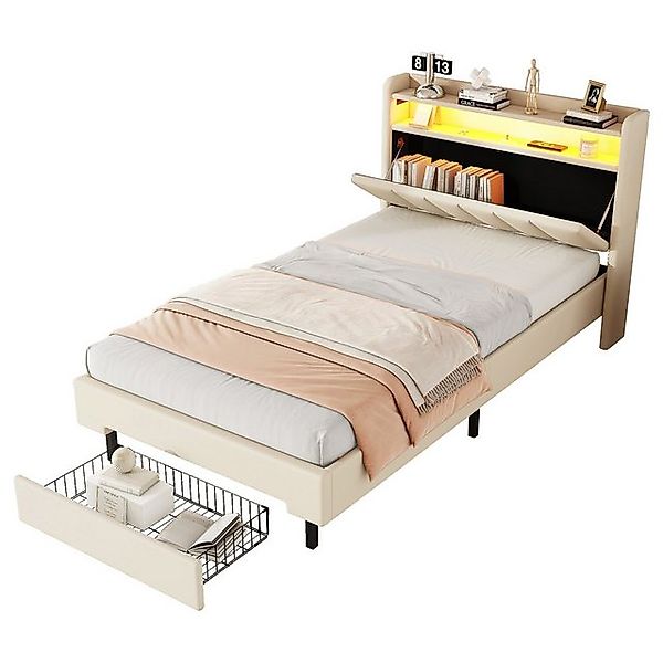 Rutaqian Polsterbett Einzelbett Stauraumbett 90×200cm mit Schubladen, LED-W günstig online kaufen