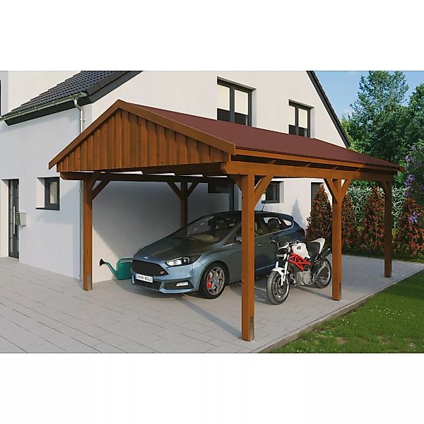 Skan Holz Carport Fichtelberg 423 cm x 566 cm Rote Schindeln Nussbaum günstig online kaufen