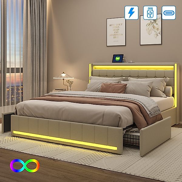 PXloue Polsterbett LED Doppelbett (Inklusive USB-Typ-C-Ladeanschluss), günstig online kaufen