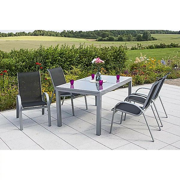 Garten Sitzgruppe 5-teilig, Gartentisch 140cm bis 200cm 4x Stühle schwarz T günstig online kaufen