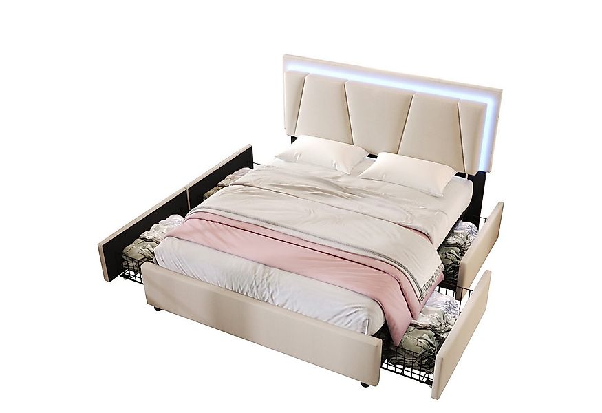 Flieks Polsterbett, LED-Beleuchtung Doppelbett 140x200cm mit 4 Schubladen günstig online kaufen