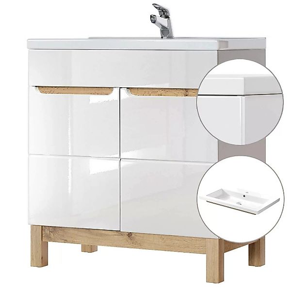 Waschtischunterschrank inkl. 81 cm Keramikbecken SOLNA-56 Hochglanz weiß, W günstig online kaufen