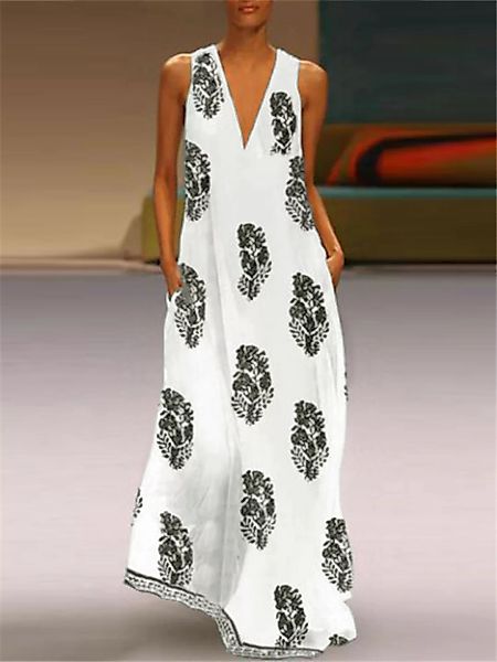Bohemian Maxi Print Ärmelloser V-Ausschnitt Kleid günstig online kaufen