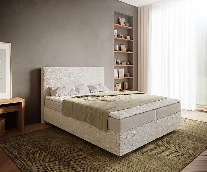 Boxspringbett Dream-Well 160x200 cm Bouclé Creme-Weiß mit Matratze und Topp günstig online kaufen