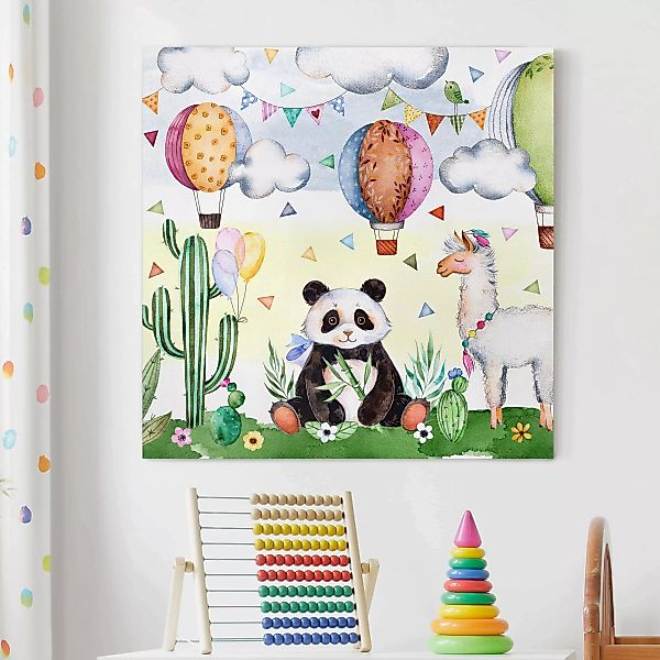 Leinwandbild Kinderzimmer - Quadrat Panda und Lama Aquarell günstig online kaufen