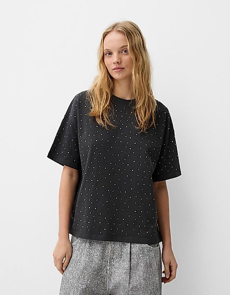 Bershka Kurzärmeliges Oversize-T-Shirt Mit Strass Damen S Dunkelgrau günstig online kaufen