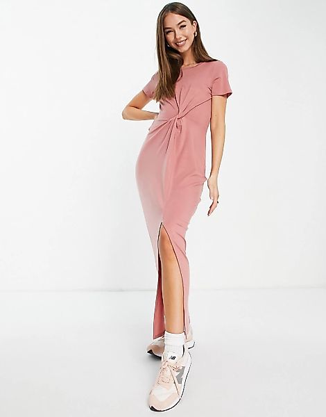 Vero Moda – T-Shirt-Kleid in Midilänge und Rosé mit verdrehtem Detail-Rosa günstig online kaufen