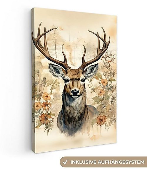 OneMillionCanvasses® Leinwandbild Vintage - Hirsch - Rotwild - Blumen - Bei günstig online kaufen