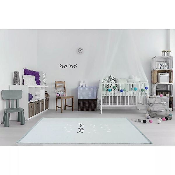 home24 Happy Rugs Kinderteppich Sleeping Eyes Mintgrau Kunstfaser 140x190 c günstig online kaufen