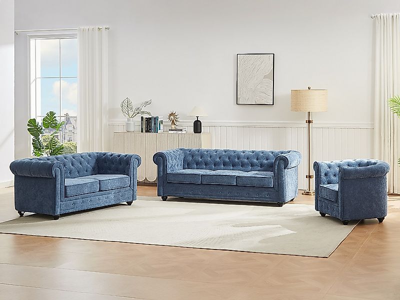 Sofa 3-Sitzer & 2-Sitzer & Sessel - Stoff - Blau - CHESTERFIELD günstig online kaufen