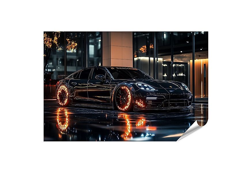 islandburner Poster, Schwarzes Auto mit leuchtenden Rädern bei Nacht günstig online kaufen