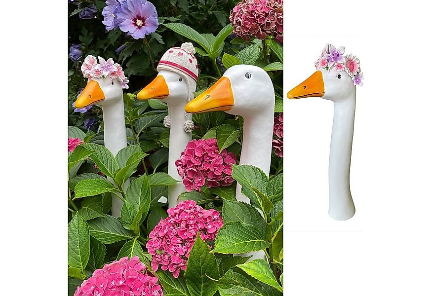 Online-Fuchs Gartenfigur als Gartenstecker Gänsehals, Gans mit BLUMENKRANZ günstig online kaufen