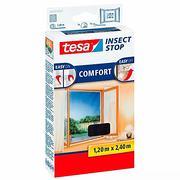 Tesa Fliegengitter Fenster mit Klettband Comfort Anthrazit 240 cm x 120 cm günstig online kaufen